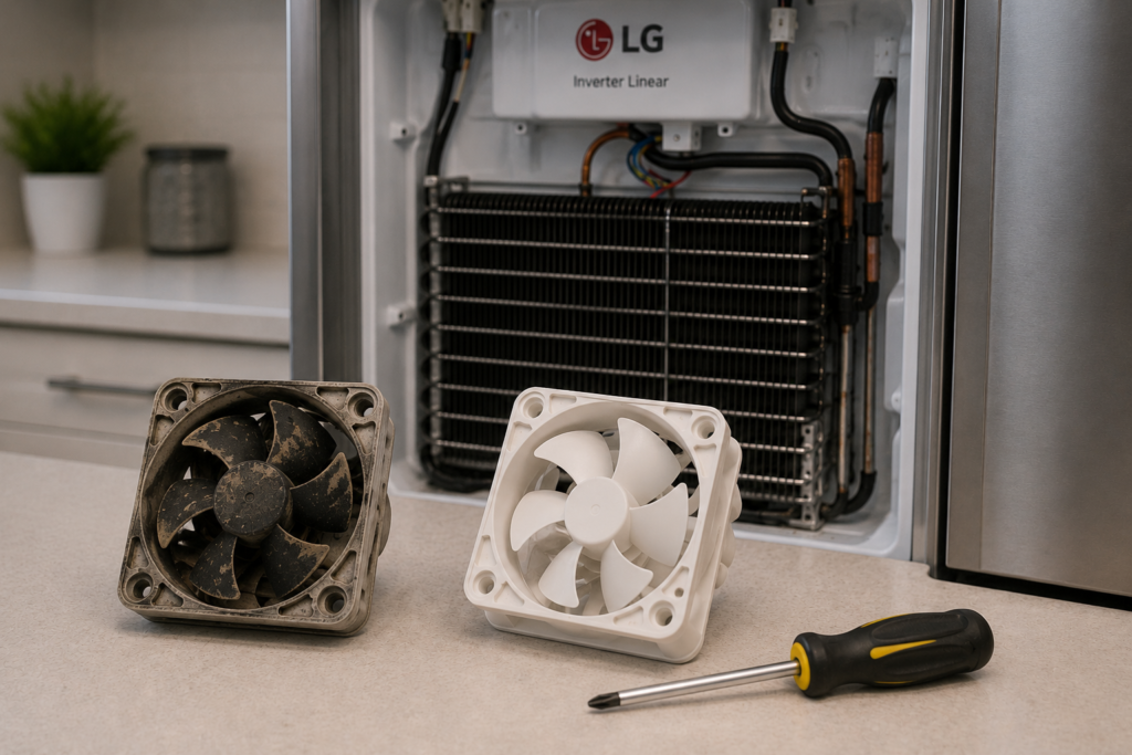 Failed LG refrigerator evaporator fan motor compared with replacement part