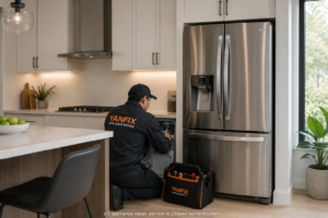 LG appliance repair technician servicing refrigerator in Ottawa home kitchen
