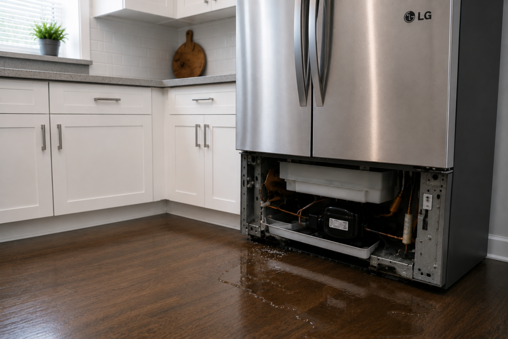LG refrigerator leaking water onto kitchen floor due to drain or water system problem