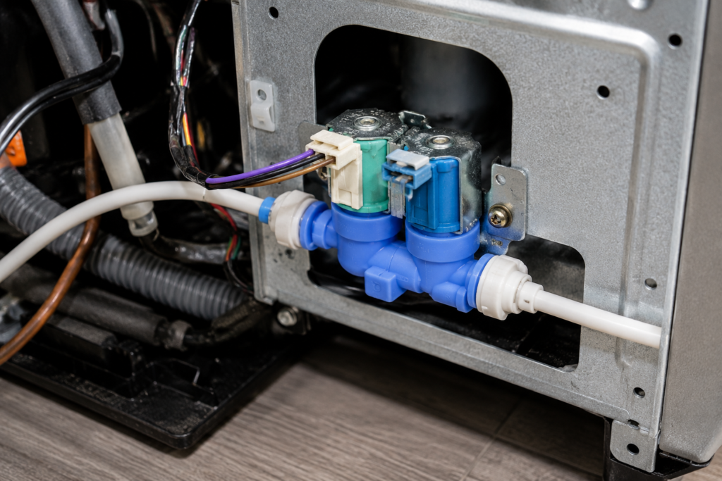 LG refrigerator water inlet valve assembly connected to water supply lines at rear of appliance