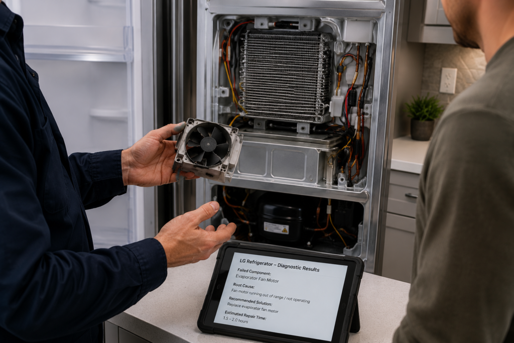 Open refrigerator with failed evaporator fan motor identified during inspection.