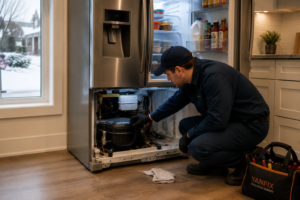 Whirlpool refrigerator repair technician diagnosing compressor and cooling system components in Ottawa kitchen.