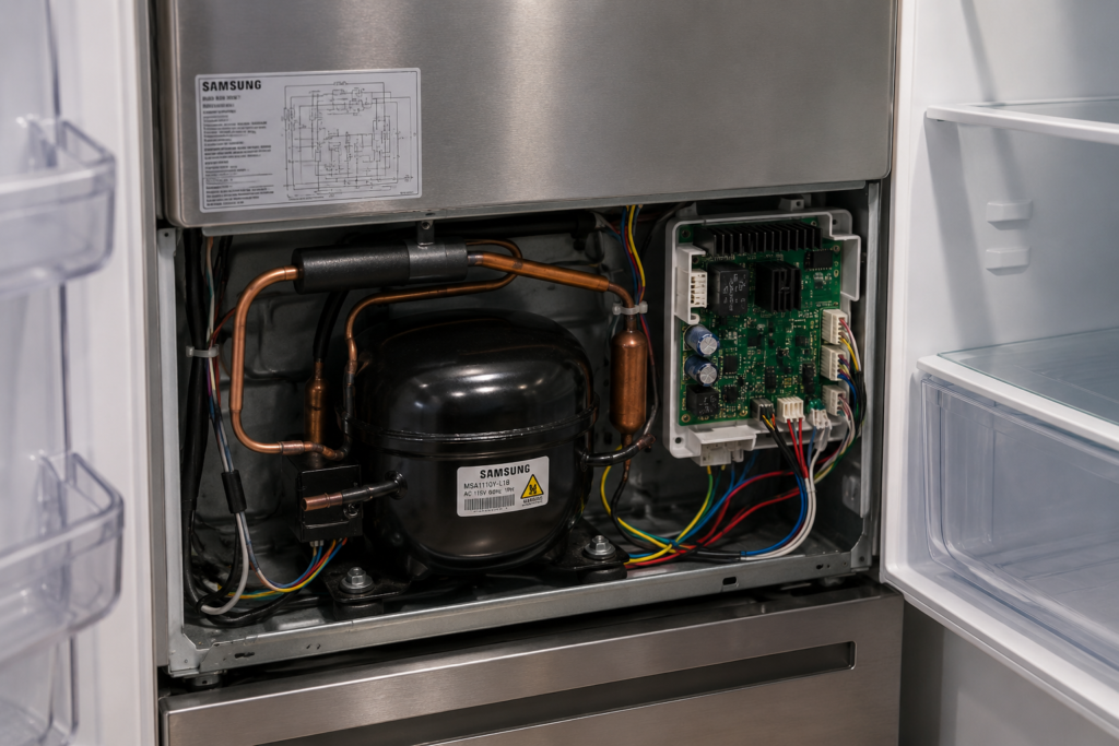 Samsung refrigerator compressor repair and cooling system diagnostic inspection
