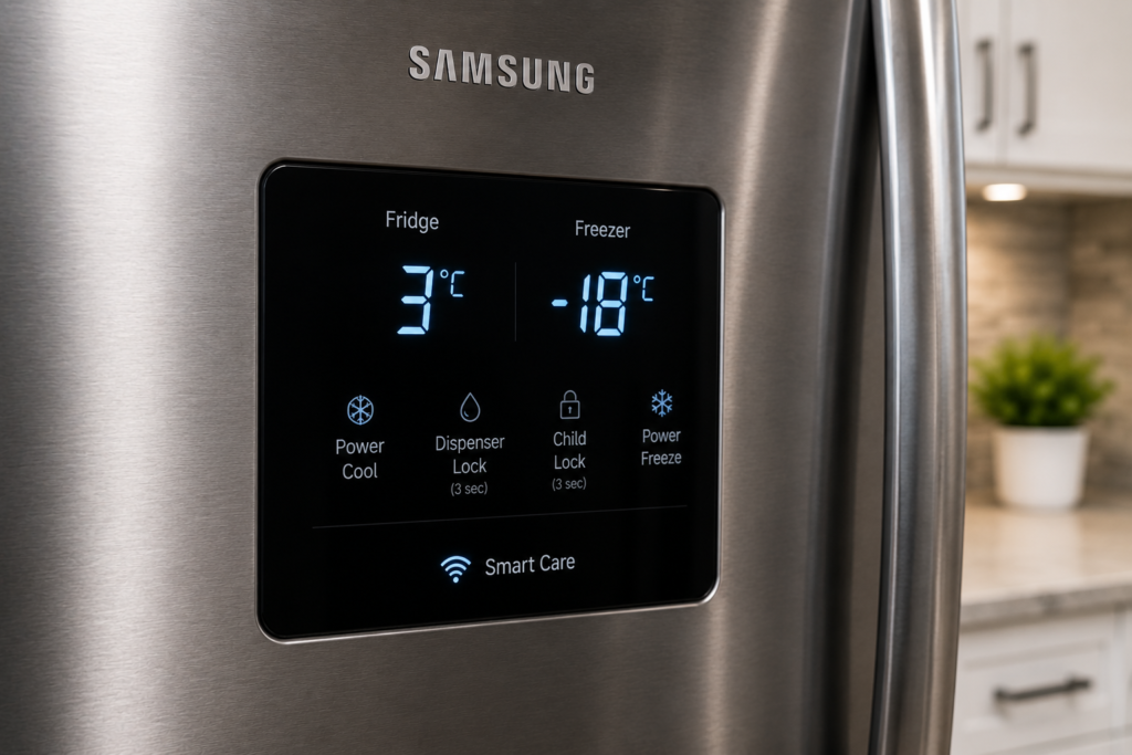 Samsung refrigerator operating normally with 3°C fridge temperature and -18°C freezer temperature after repair