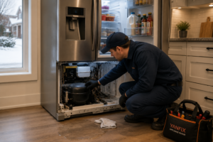 Samsung refrigerator repair service technician inspecting refrigerator in Ottawa home