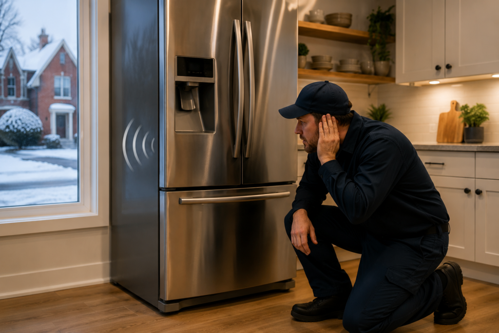 Technician diagnosing unusual refrigerator noise in Ottawa home kitchen
