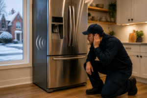 Technician diagnosing unusual refrigerator noise in Ottawa home kitchen