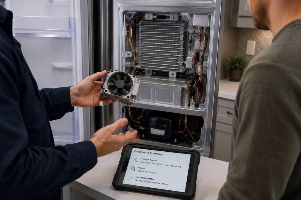 Technician explaining Samsung refrigerator diagnostic findings before repair