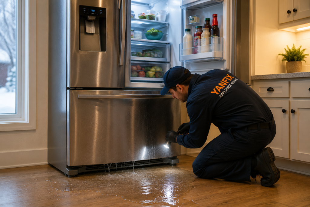 Water leaking from refrigerator onto kitchen floor during diagnostic inspection